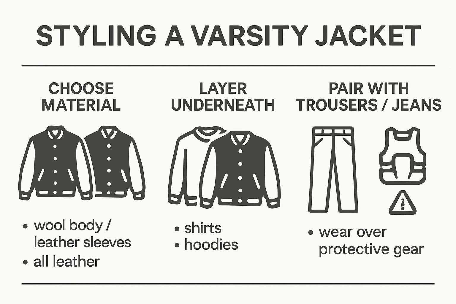 Infographic comparing styling steps for urban and motorcycle looks with varsity jackets