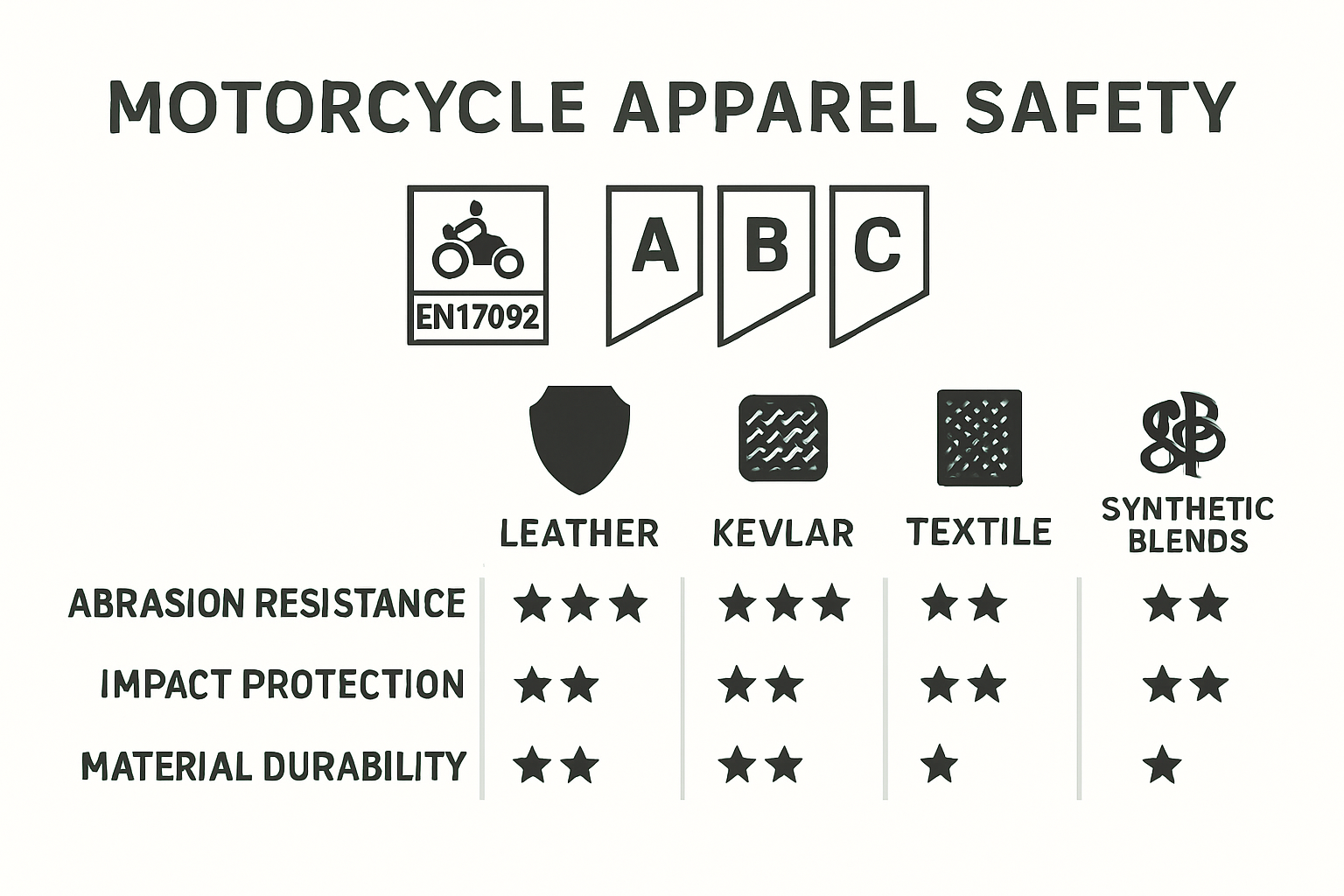 Infographic comparing safety features of motorcycle apparel materials