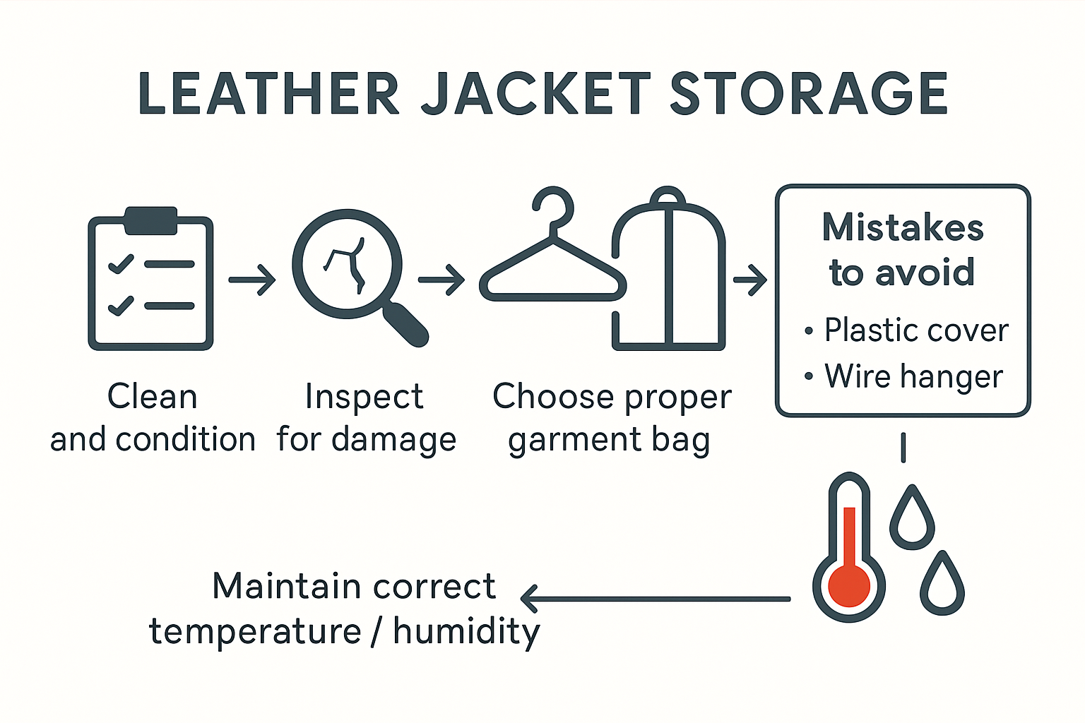 Infographic showing leather jacket storage process and mistakes to avoid