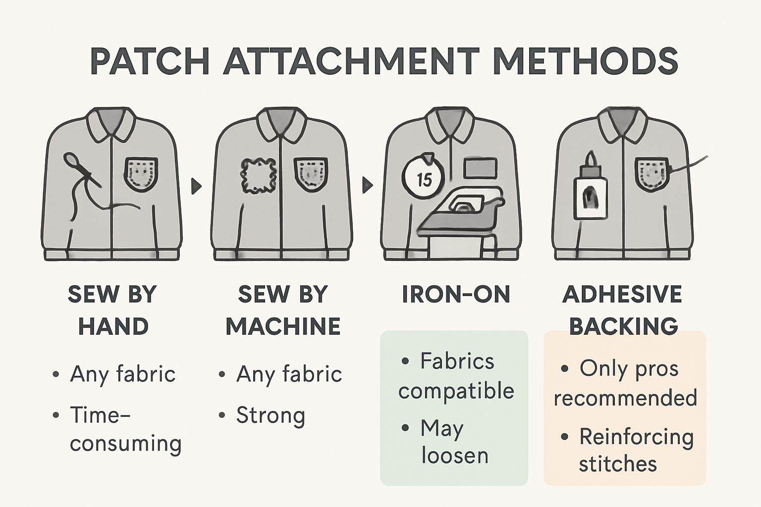 Infographic comparing patch attachment methods for jackets