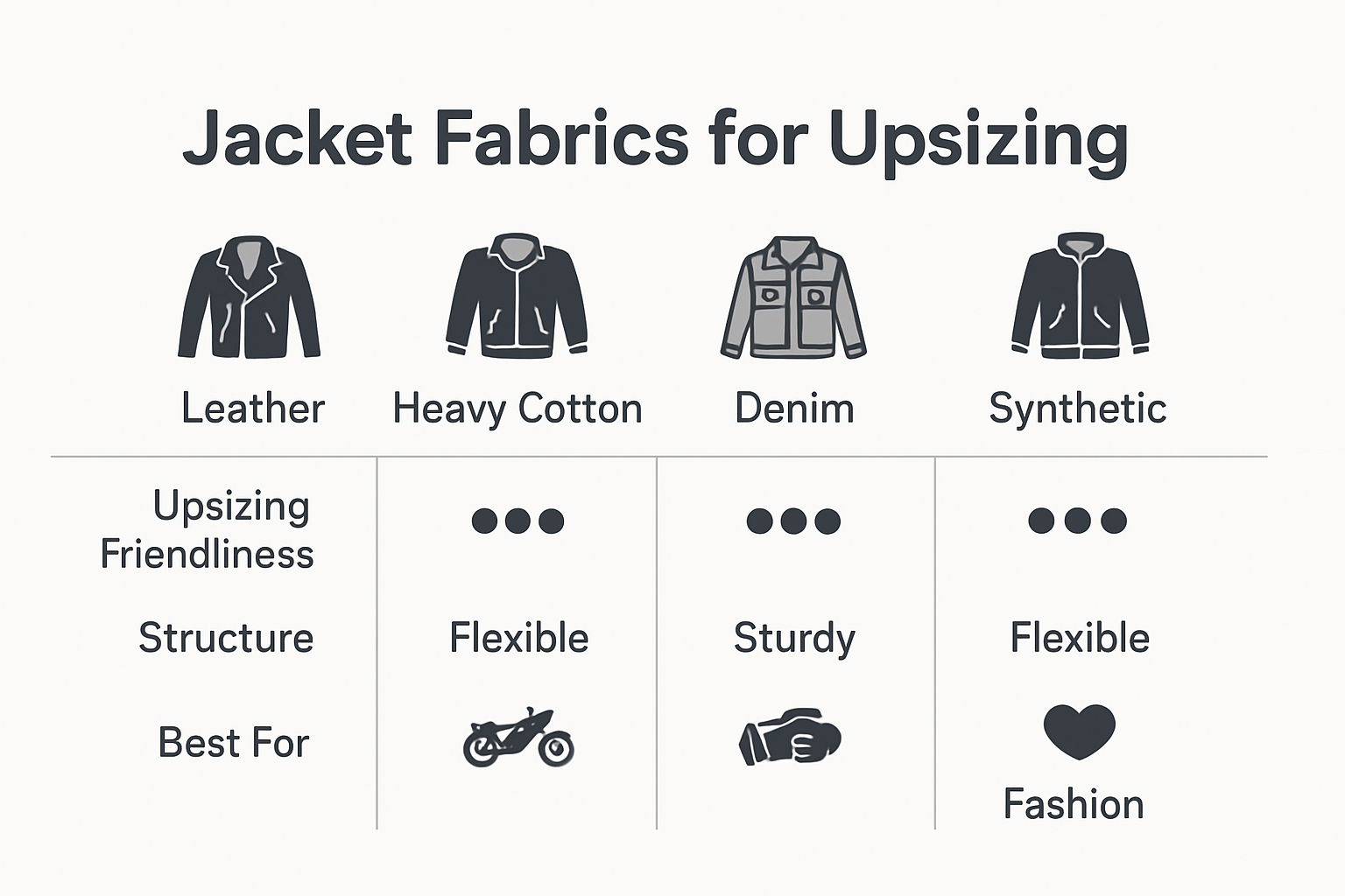 Infographic comparing fabric types for upsizing jackets