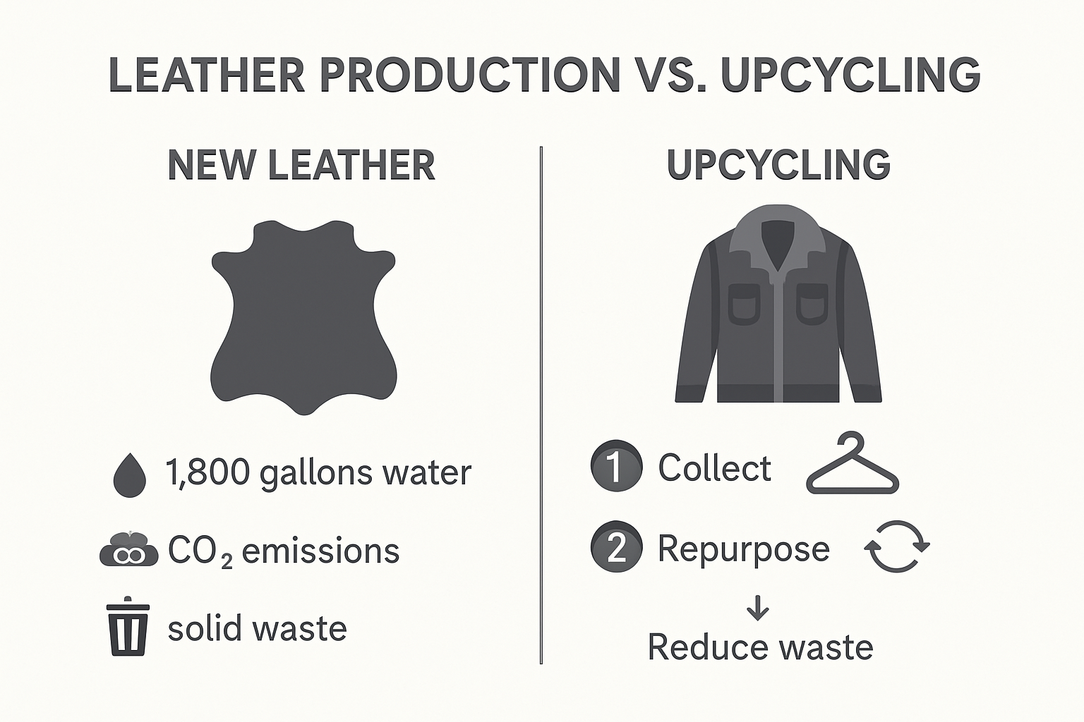 Infographic comparing environmental impacts of leather production vs upcycling