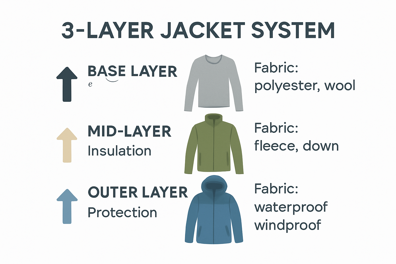 Jacket layering system with base, mid, and outer layers explained visually