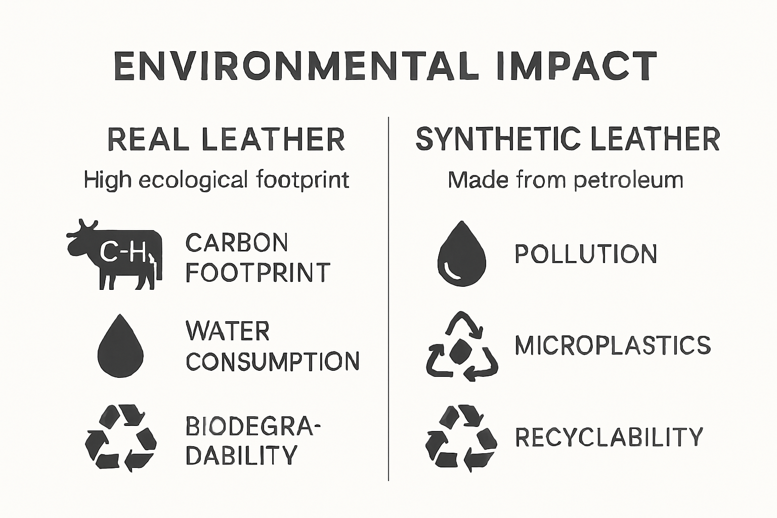 Infographic comparing environmental impacts of real and synthetic leather