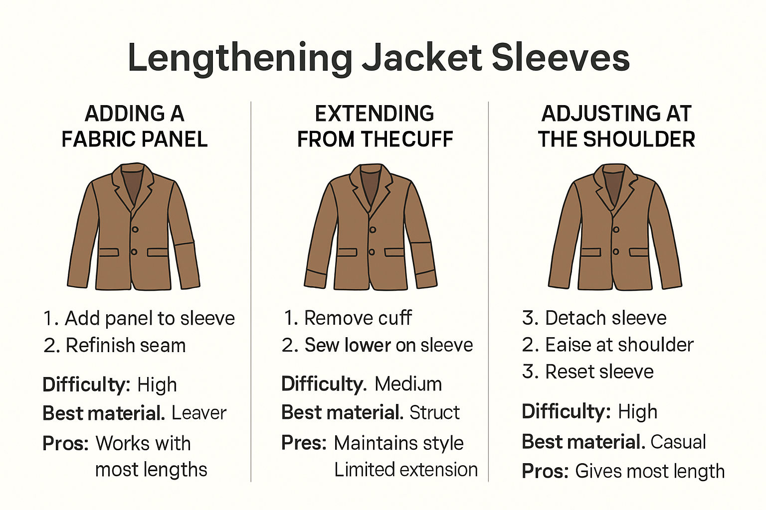 Infographic showing three sleeve lengthening methods compared side by side