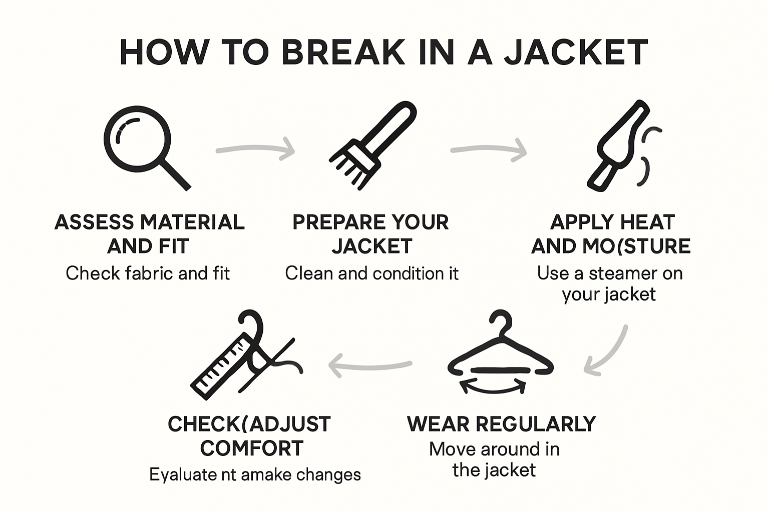 Infographic showing five step jacket breaking-in process with icons