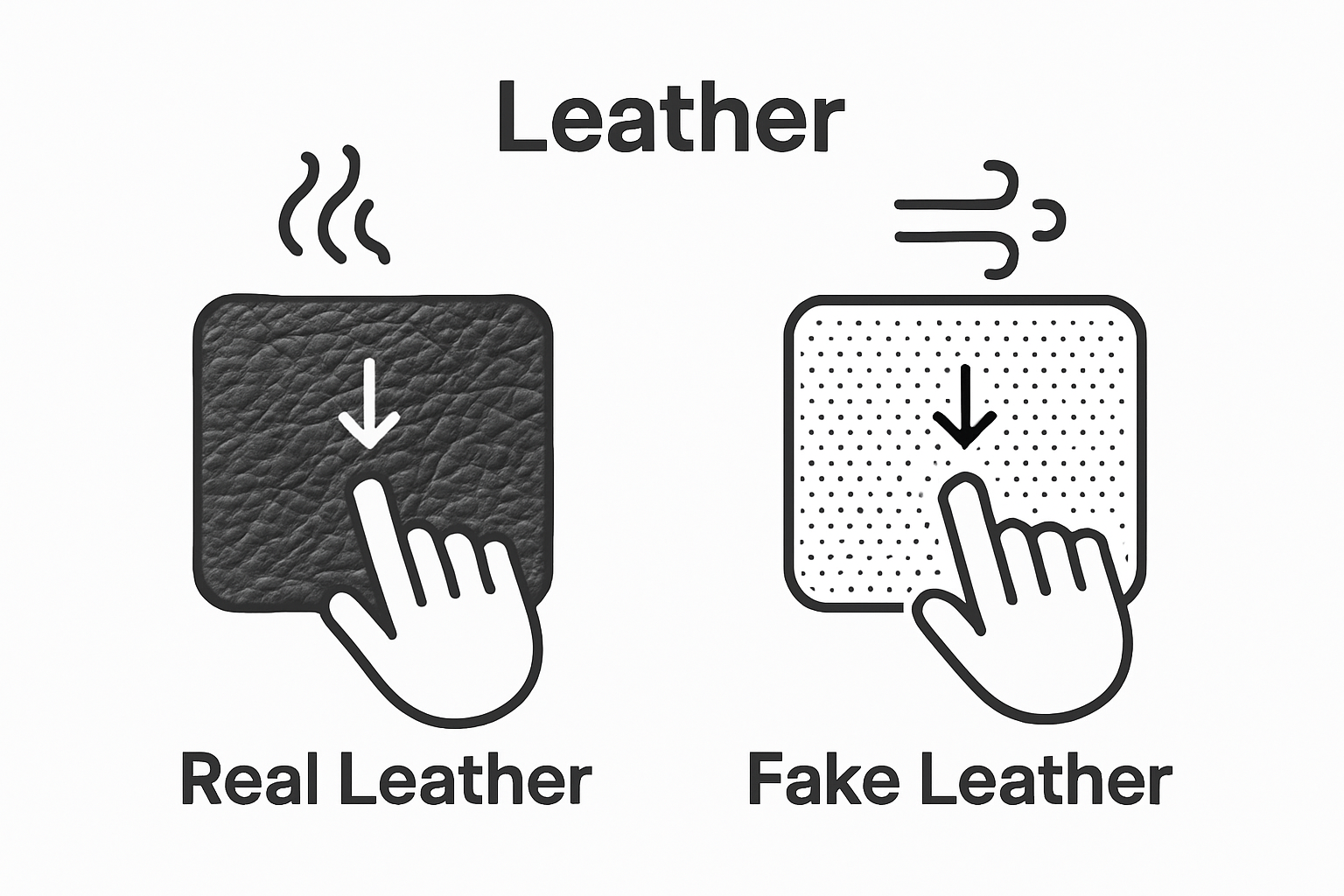 Infographic comparing real vs fake leather by feel and appearance