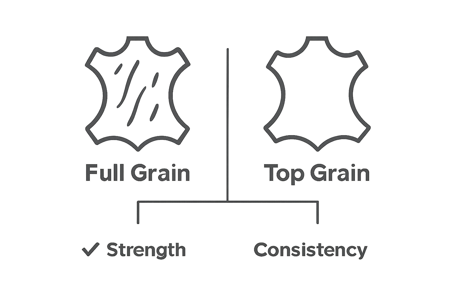 Side-by-side full grain vs top grain leather comparison chart infographic