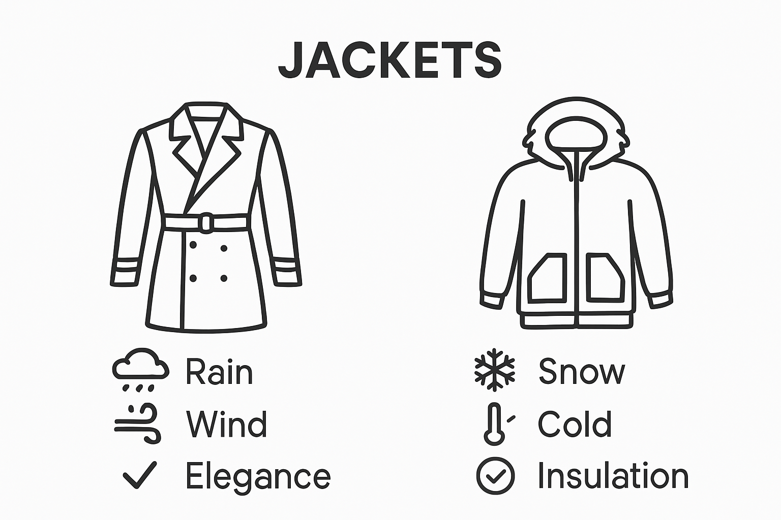 Visual side-by-side of trench coat versus parka features using icons