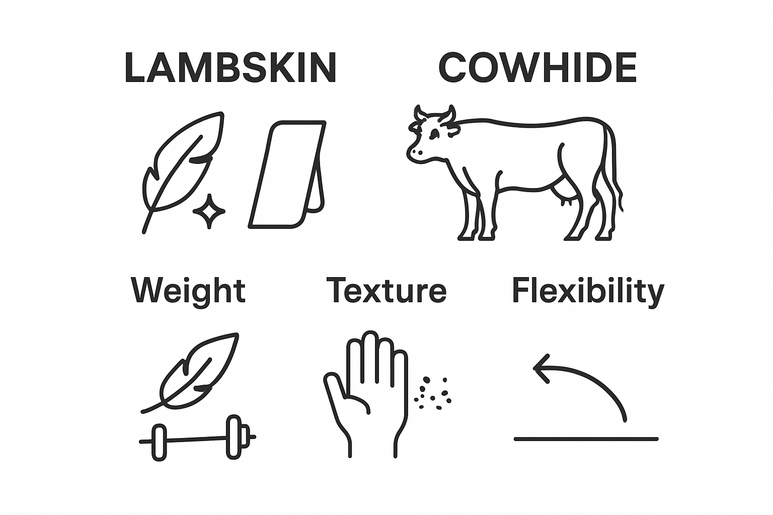 Visual comparison of lambskin and cowhide leather: thickness, texture, flexibility.