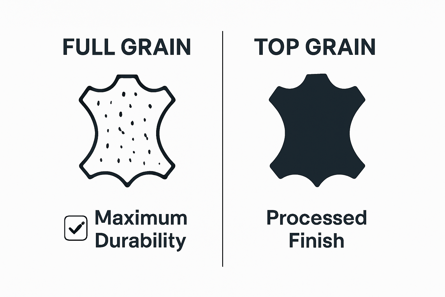 Visual comparison of full grain vs top grain leather surfaces