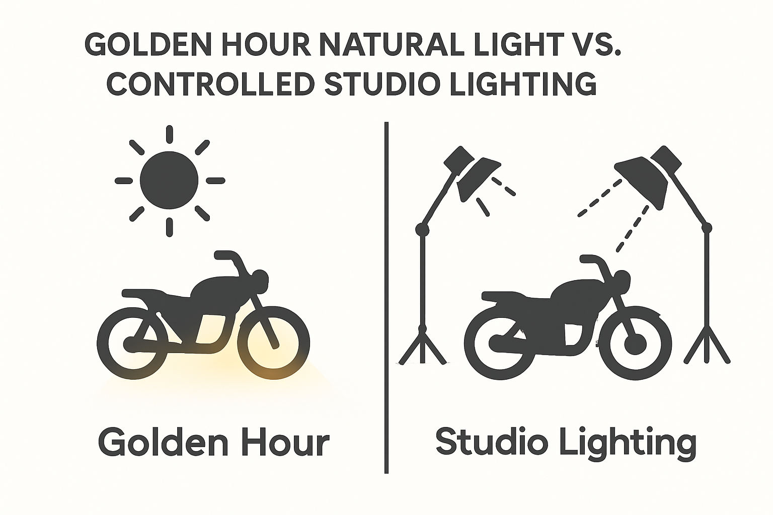 Infographic comparing golden hour natural light vs studio lighting for motorcycle photos