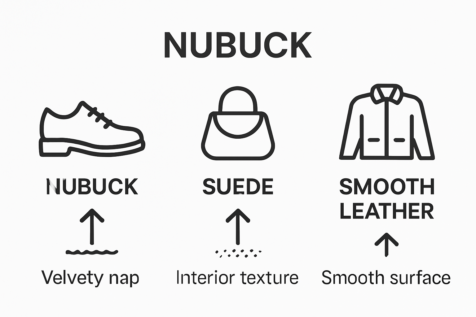 Comparison of nubuck, suede, and smooth leather visual textures