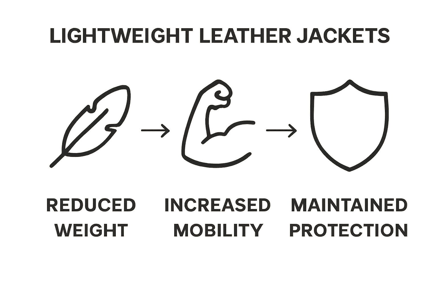 Three icons showing weight, mobility, and protection features of lightweight leather jackets