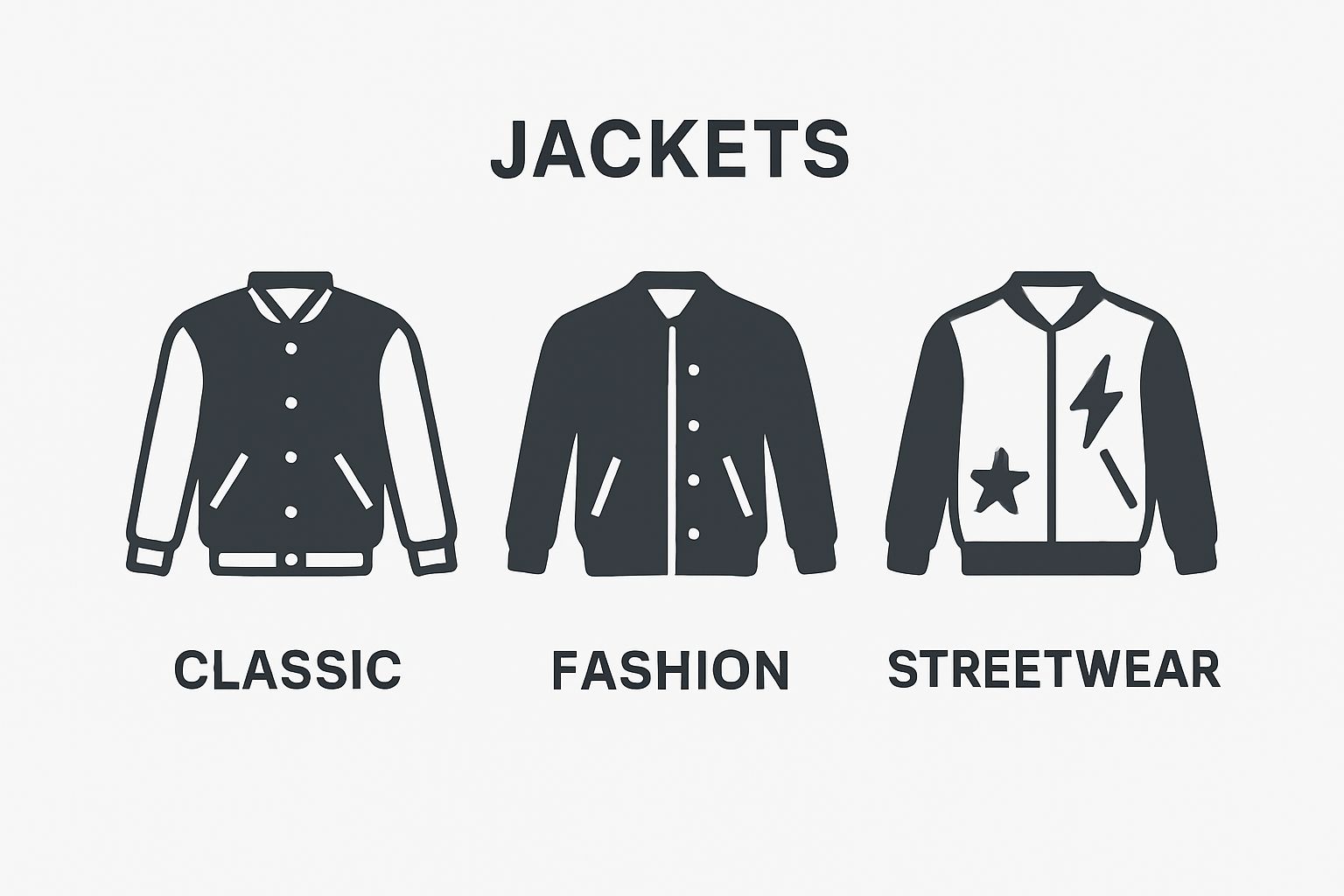 Three types of varsity jackets compared visually
