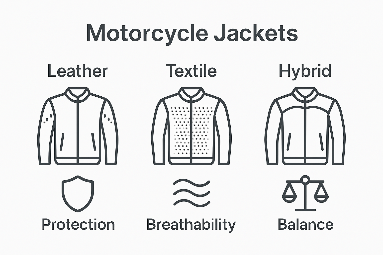 Visual comparison of leather, textile, and hybrid motorcycle jacket types