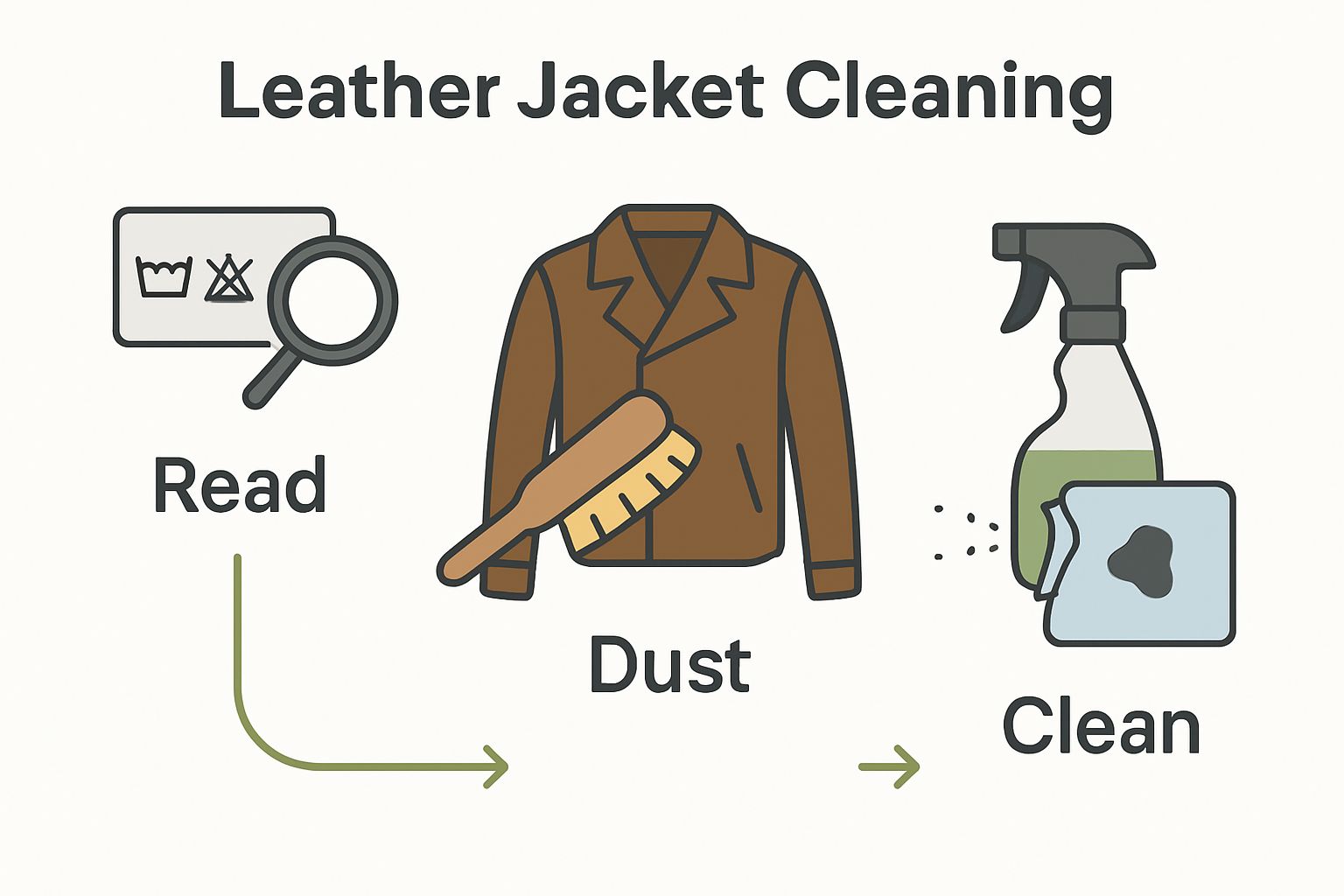 Infographic of first three steps to clean a leather jacket