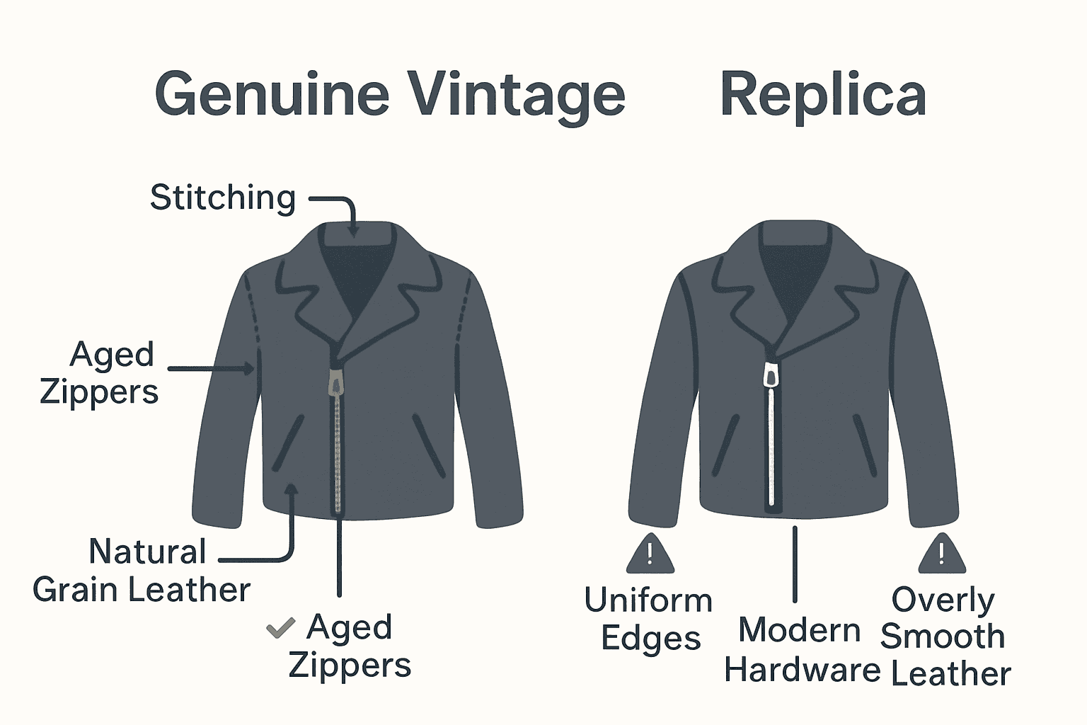 Infographic comparing real vintage jackets vs replicas with icons and features.