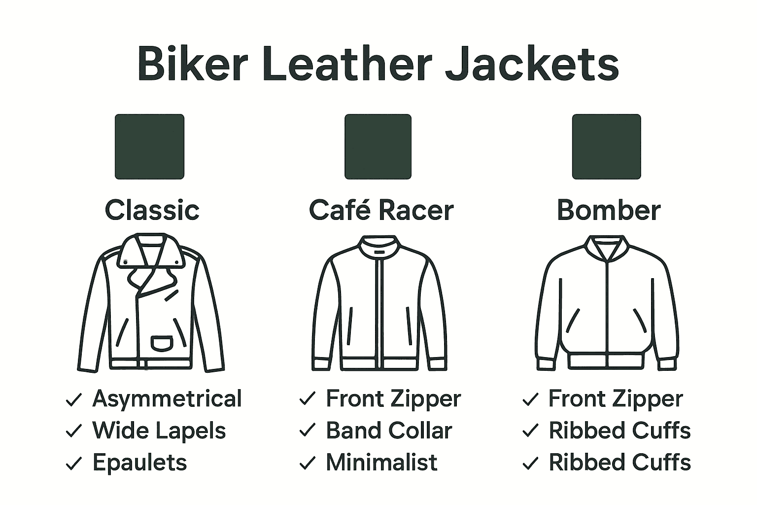 Infographic comparing classic, café racer, and bomber biker leather jacket styles and materials.