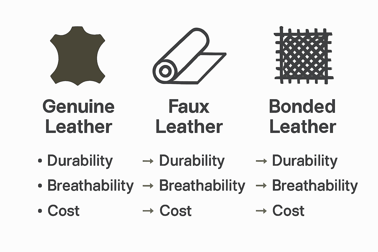 Infographic comparing genuine, faux, and bonded leather features.