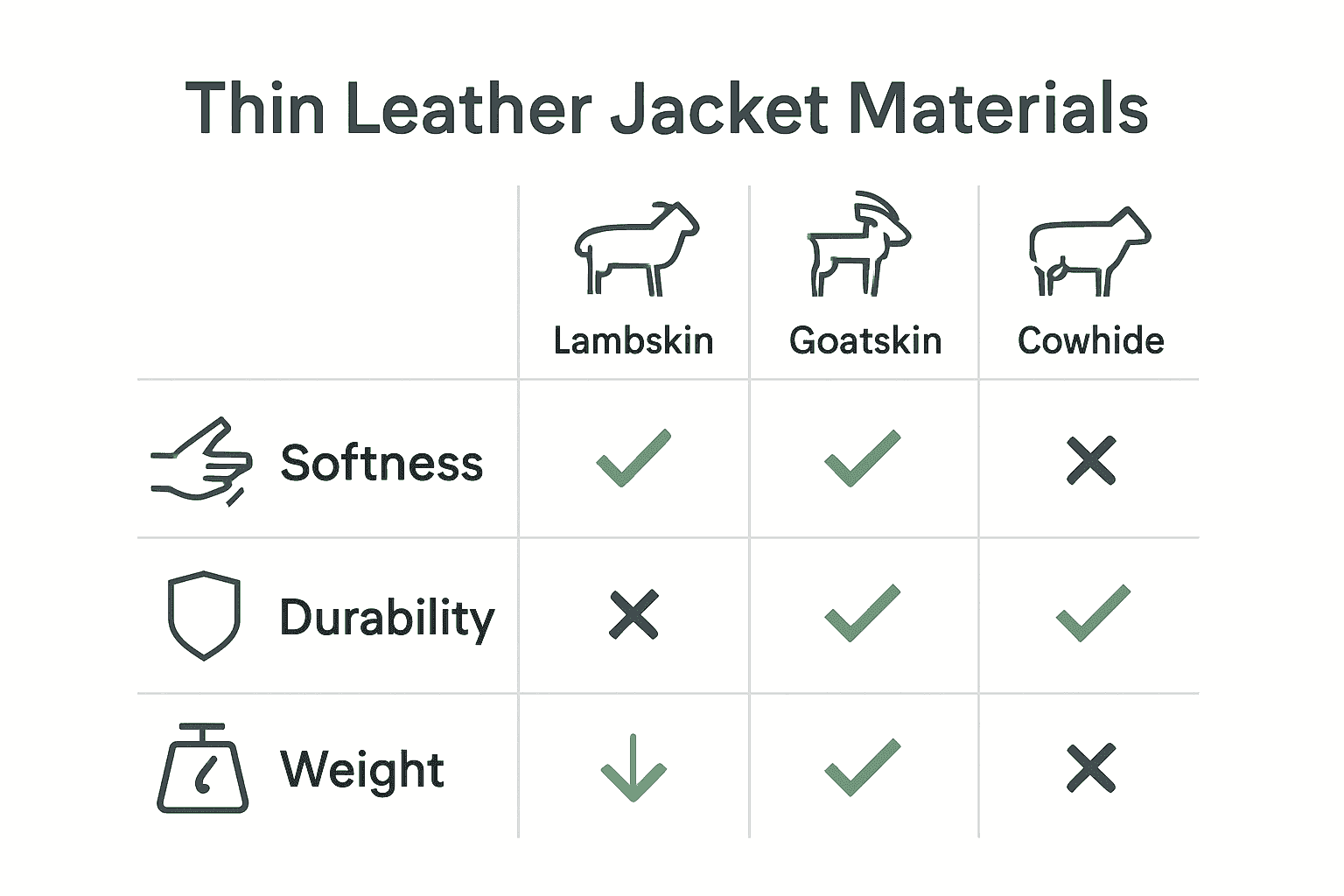 Infographic comparing lambskin, goatskin, and cowhide for thin leather jackets.