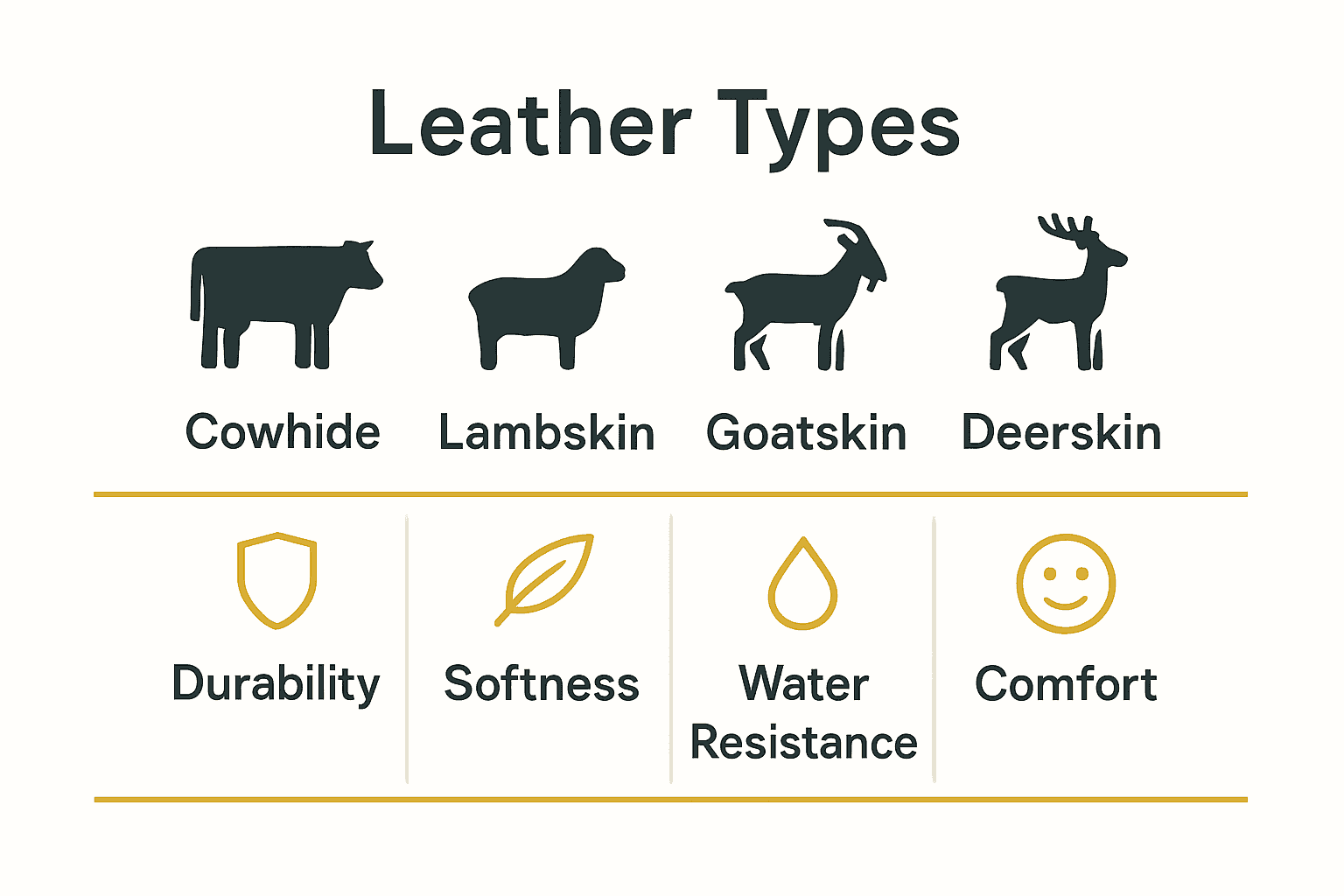 Infographic showing four leather types with benefits for coat dresses.