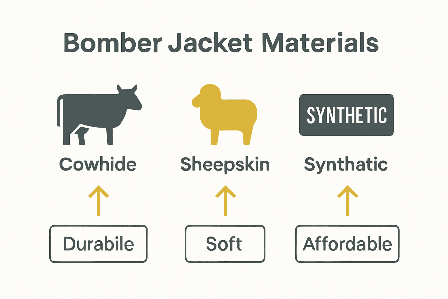 Infographic comparing cowhide, sheepskin, and synthetic bomber jackets with icons and traits.