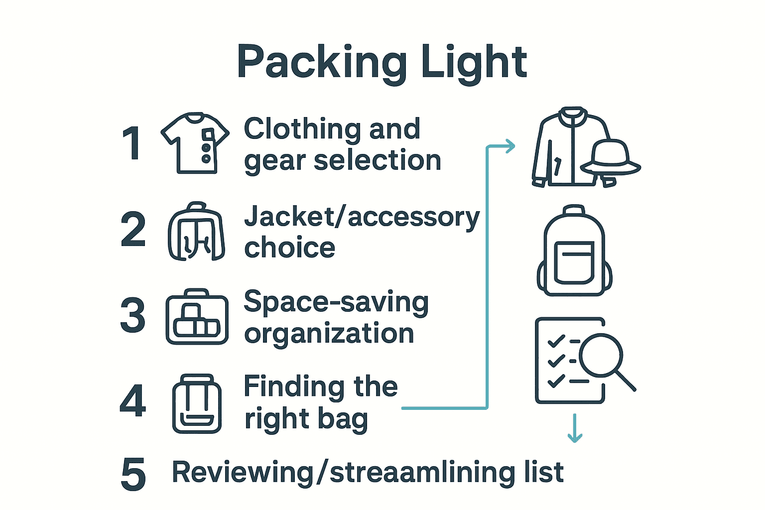Five steps minimalist infographic for packing light travel.