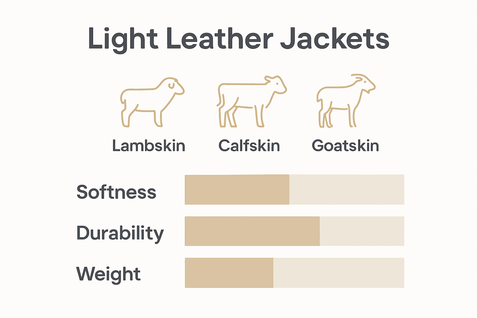 Infographic comparing lambskin, calfskin, and goatskin for light leather jackets.