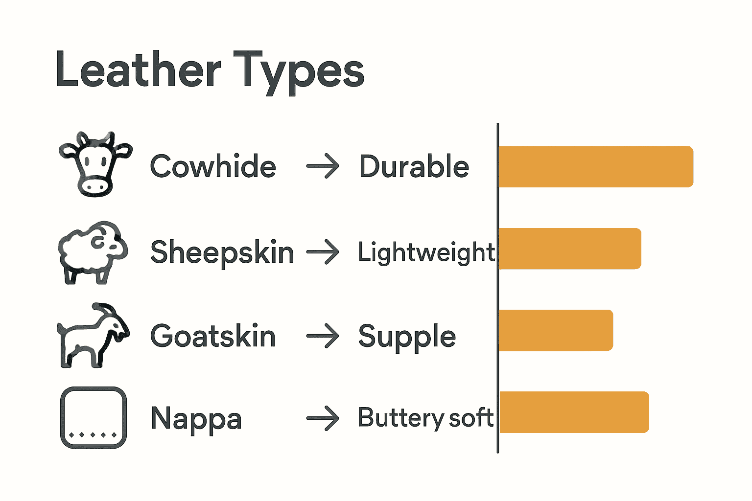 Infographic comparing cowhide, sheepskin, goatskin, and Nappa leathers by benefits, icons, and performance chart.