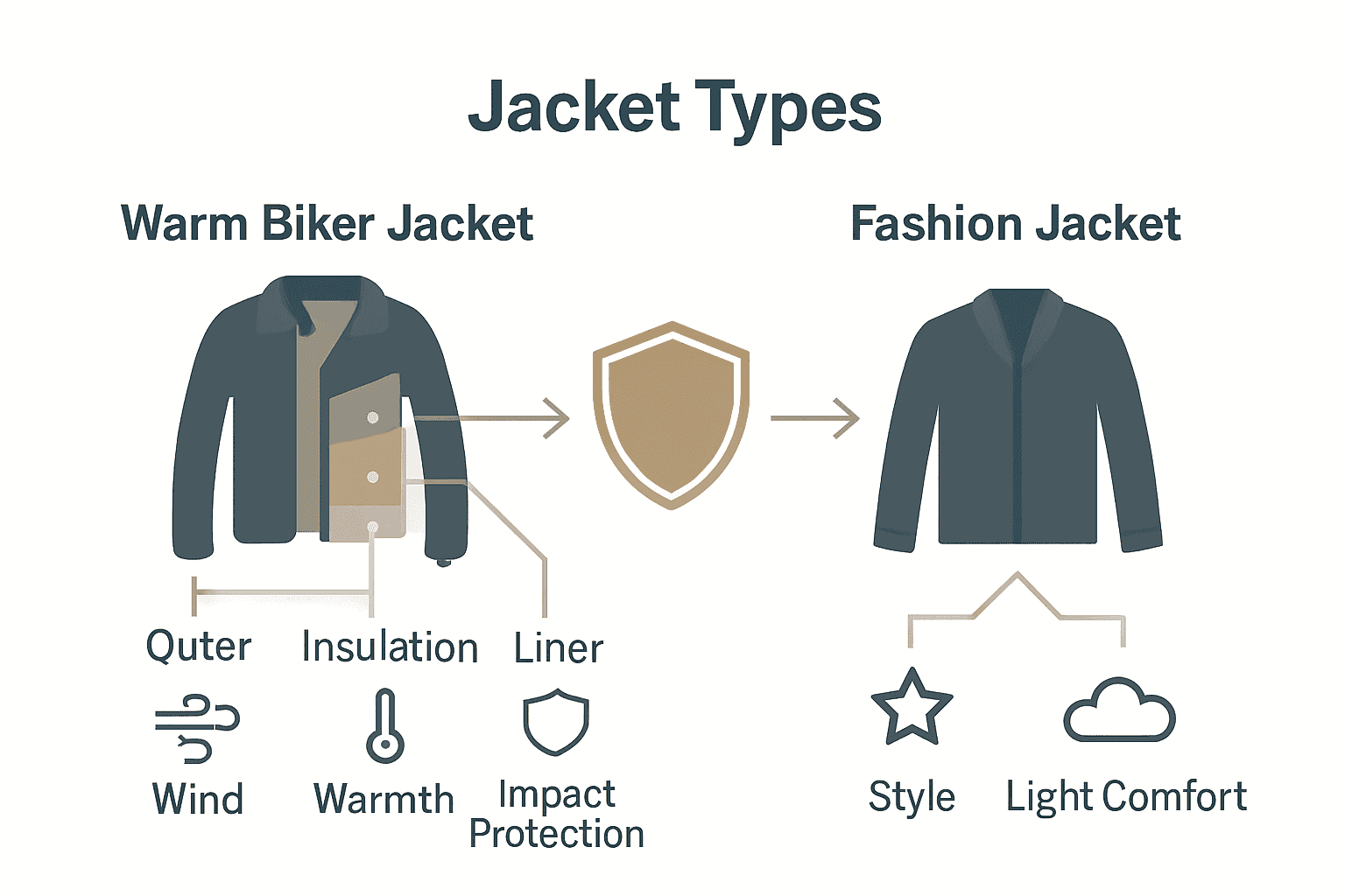 Infographic comparing protective features of warm biker jackets versus fashion jackets.