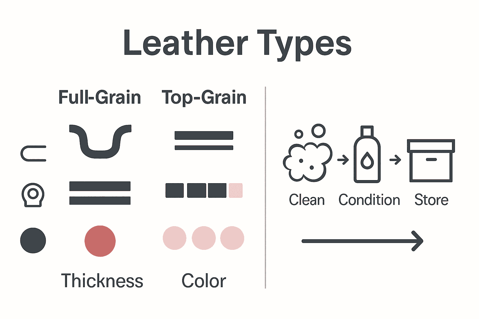 Infographic showing pink leather types, durability, and care steps