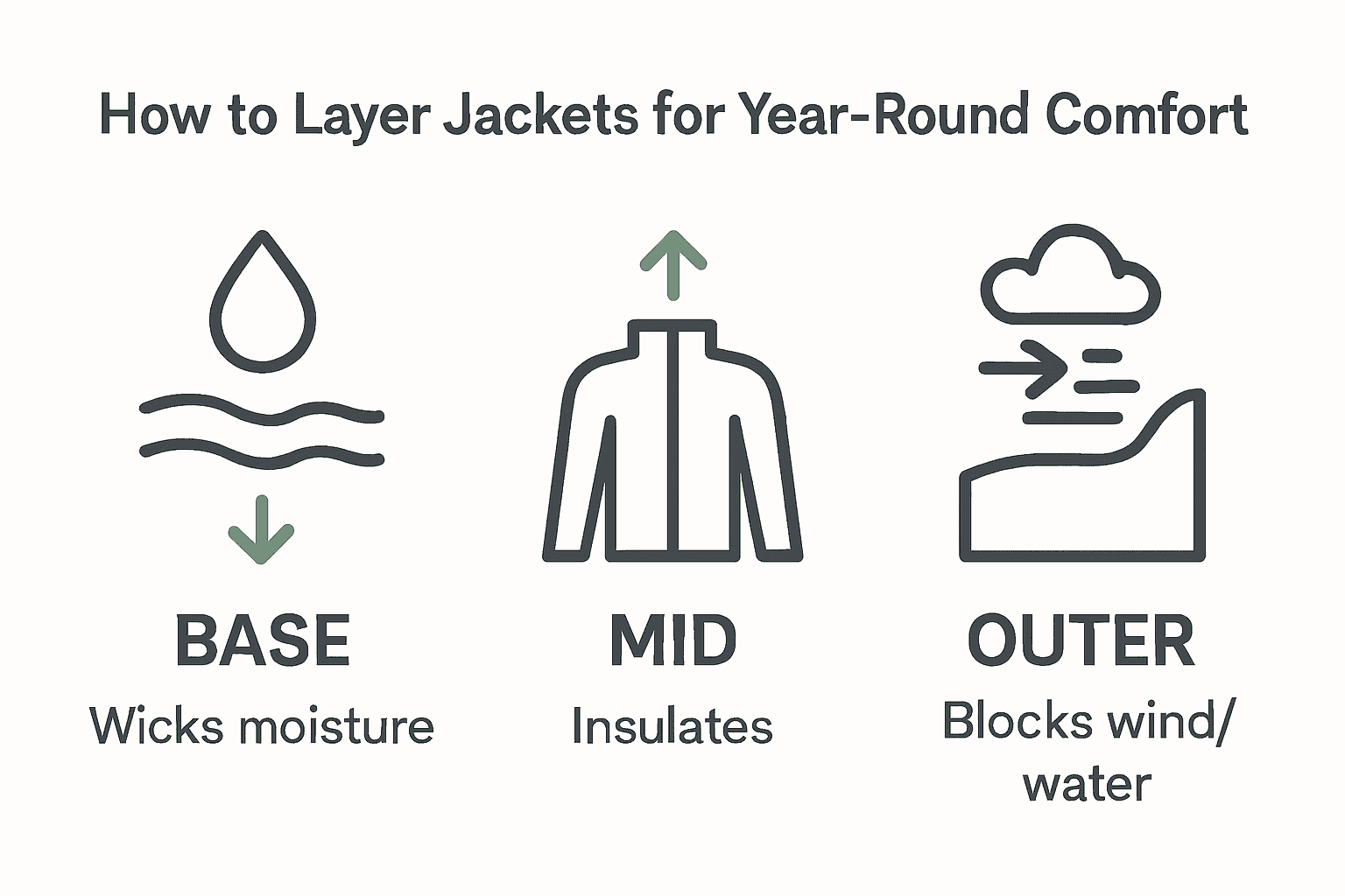 Infographic showing jacket layering: base, mid, and outer layers.