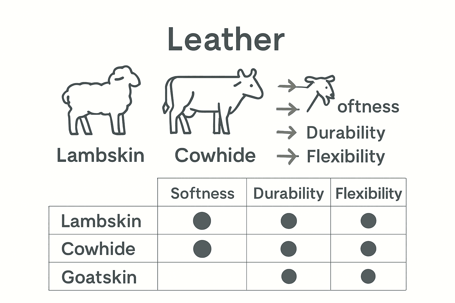 Infographic comparing lambskin, cowhide, and goatskin for leather blazers.