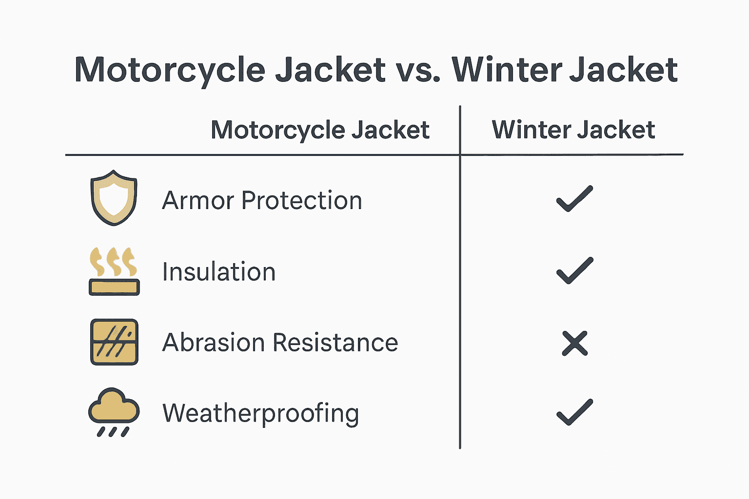 Infographic showing motorcycle vs regular jacket safety and warmth features