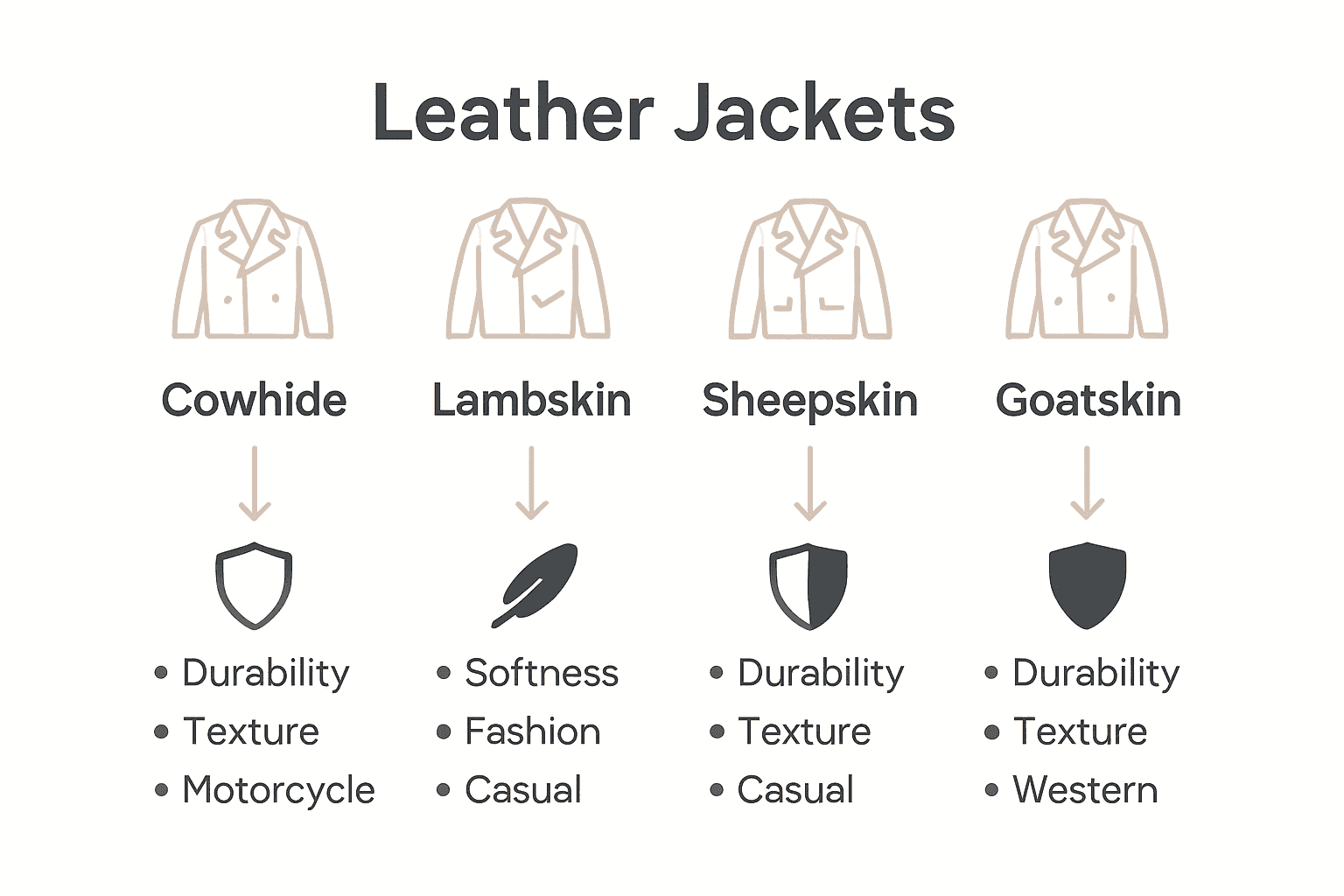 Infographic comparing leather jacket materials: cowhide, lambskin, sheepskin, goatskin.