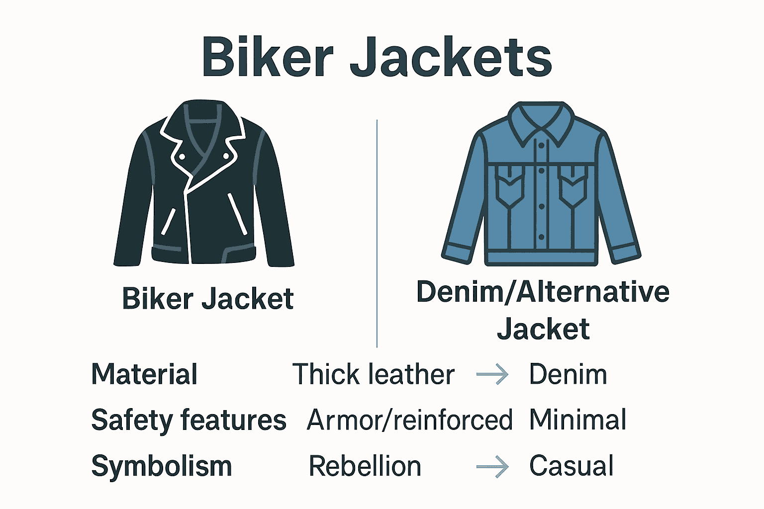 Infographic comparing key differences between biker and denim jackets