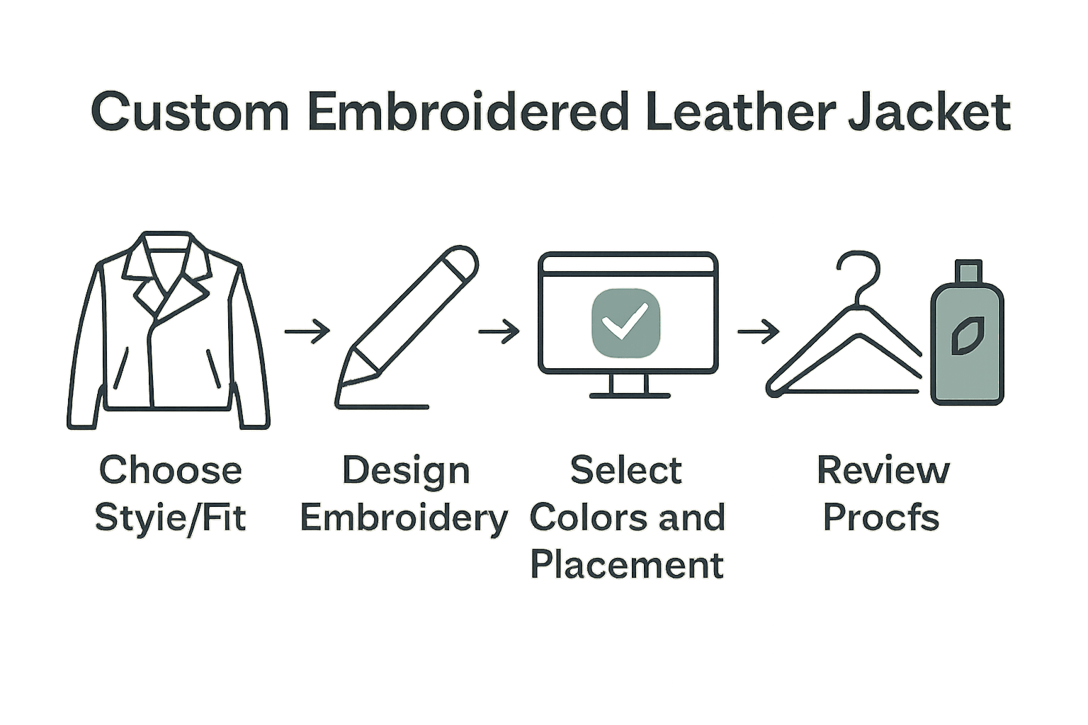 Infographic showing 5-step custom embroidered leather jacket process