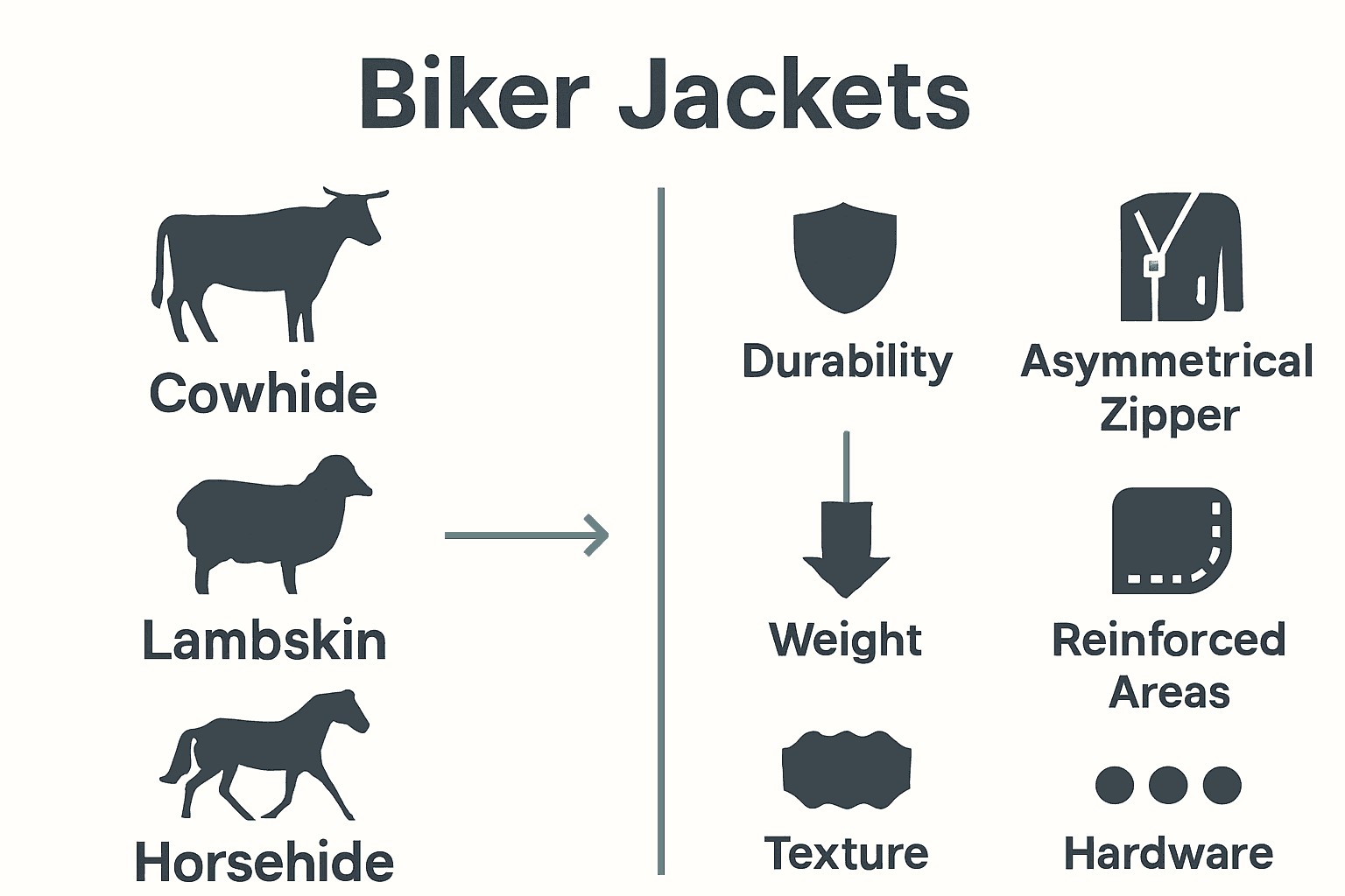Infographic comparing leather types and key features of biker jackets.