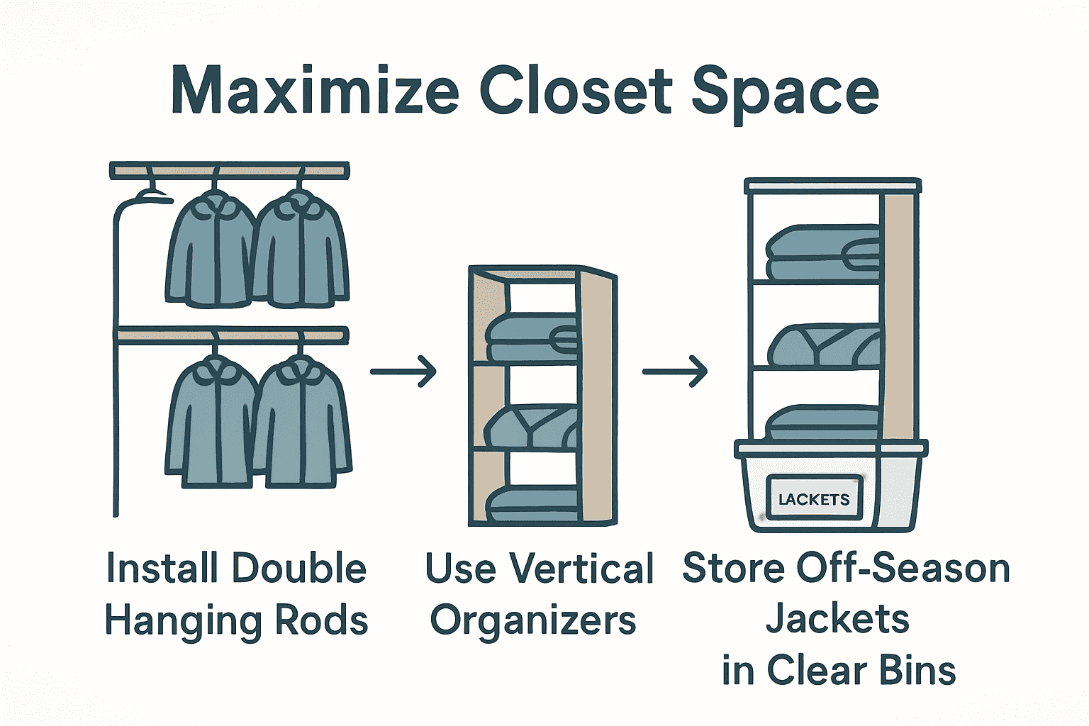 Infographic showing jacket storage solutions: double rods, vertical organizers, and clear storage bins.