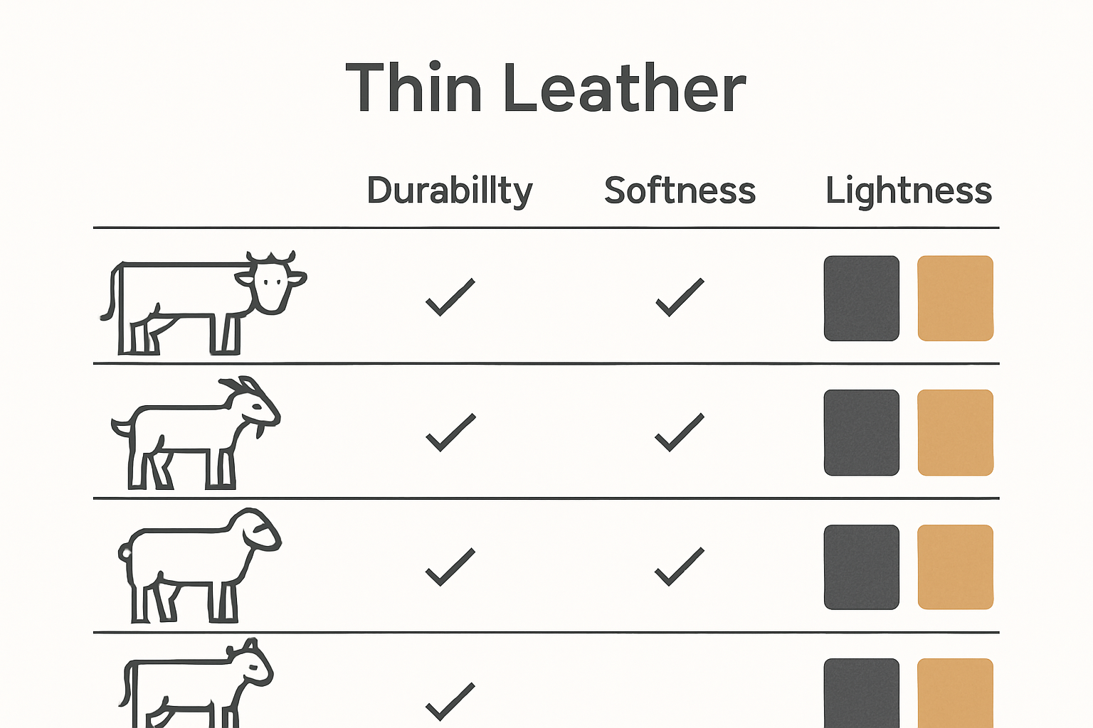 Infographic comparing cowhide, goatskin, lambskin, and calfskin for thin leather jackets