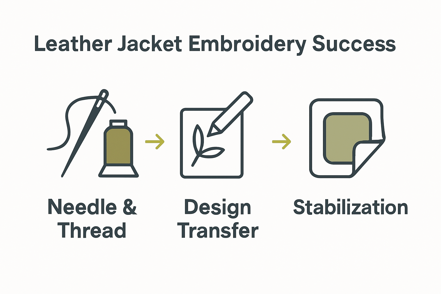 Infographic showing tools, design transfer, and stabilization for leather embroidery