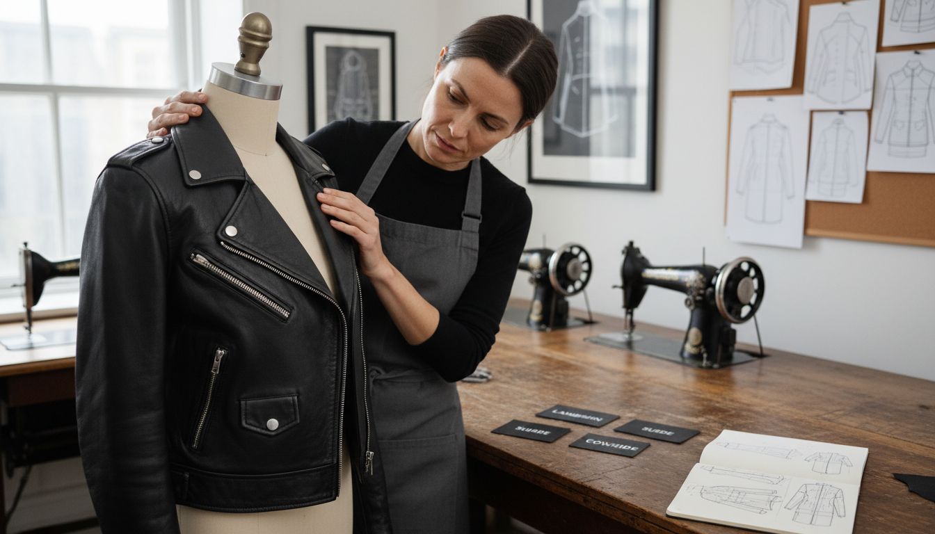 Tailor examining leather moto jacket in studio