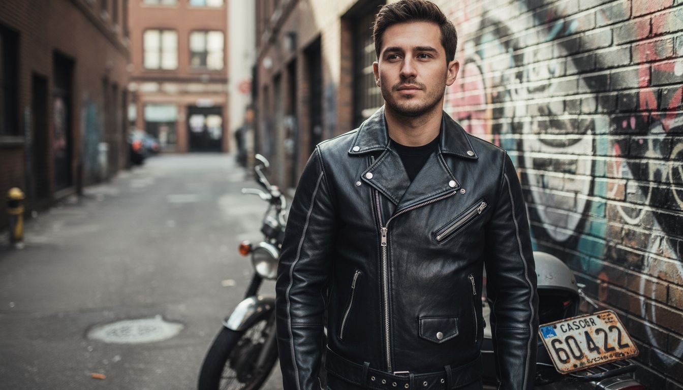 Closeup of biker leather jacket outdoors