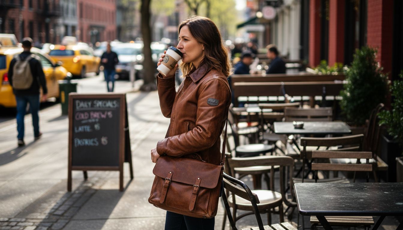 Woman wearing patina leather jacket outdoors