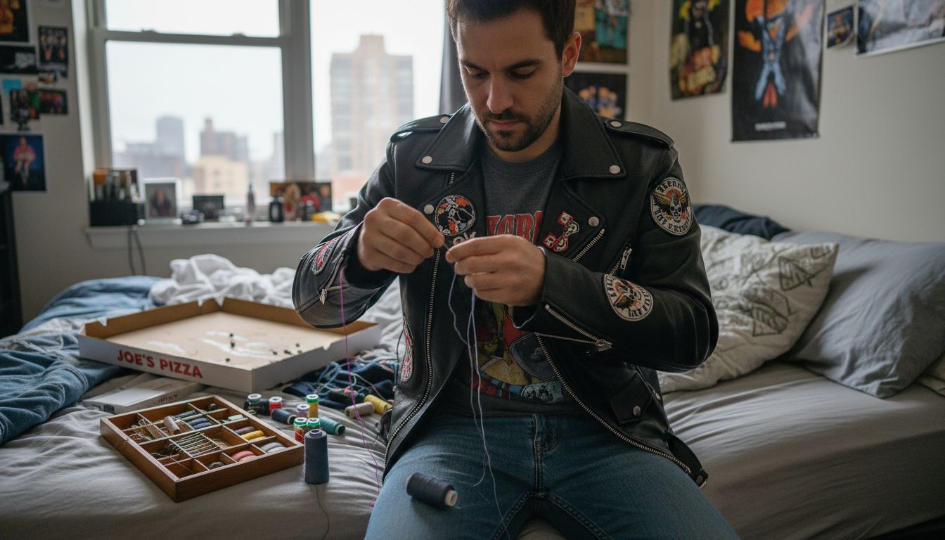 Man adding patches to biker jacket at home