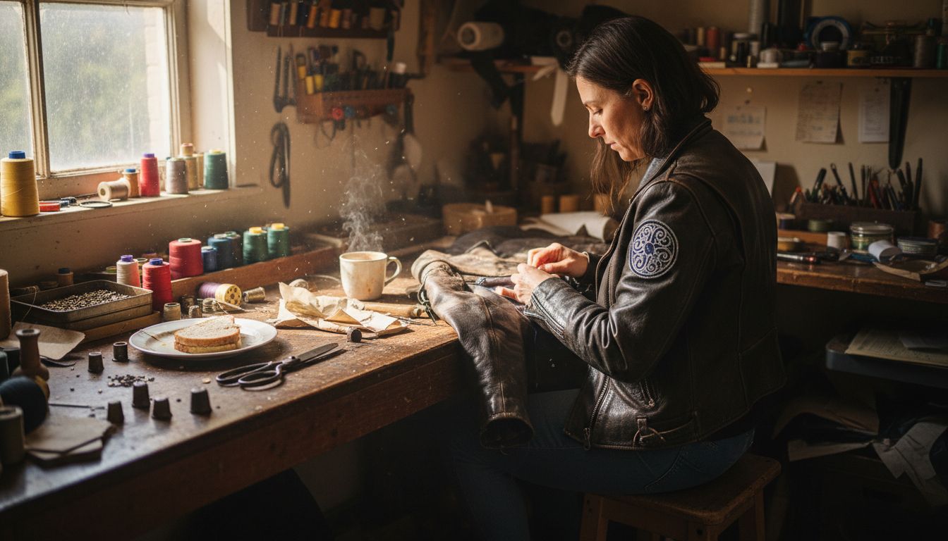 Woman sewing patch on custom leather jacket