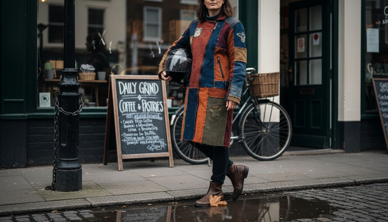 Woman with patched motorcycle jacket outside cafe