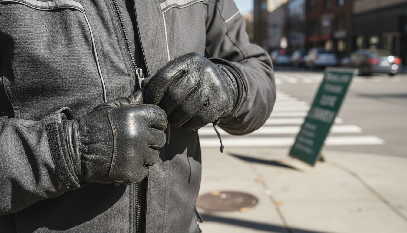 Close-up hands zipping motorcycle jacket