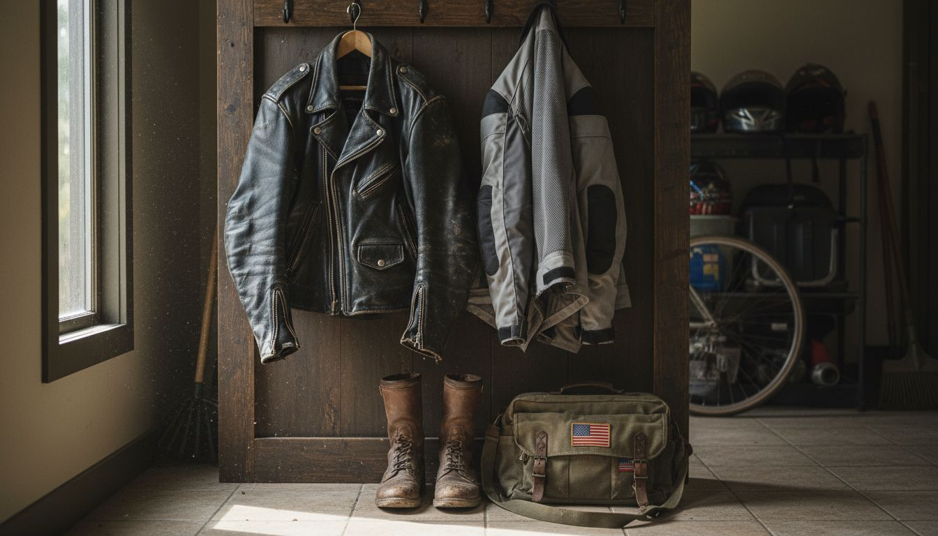 Leather and textile jackets in mudroom